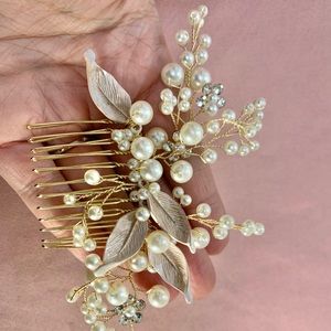 Rose Gold Leaf Pearl Bridal Hair Comb Wedding
